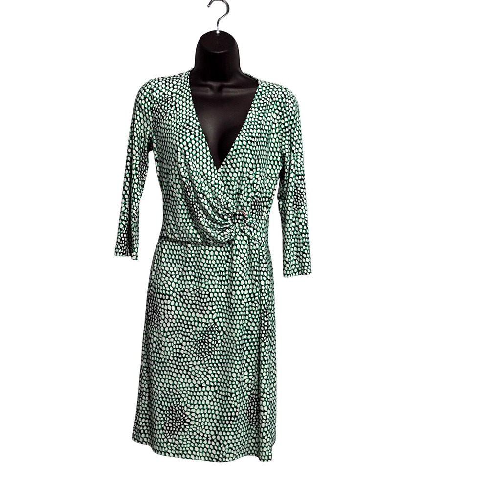 Roz & Ali Womens XS Green White Geometric Dot Faux Wrap Dress 3/4 Sleeve V-Neck